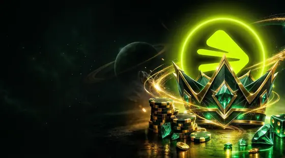 Bannière High Roller : une couronne verte entourée de jetons et de pièces